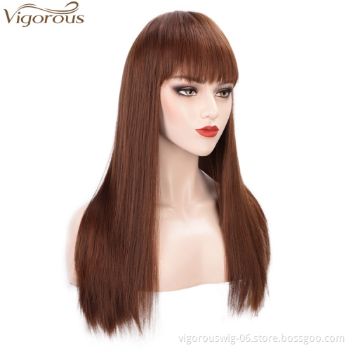 Vigorous Good Quality  High Temperature Long Straight Synthetic Hair Wigs for Women Brown Wigs With Bangs Wholesale